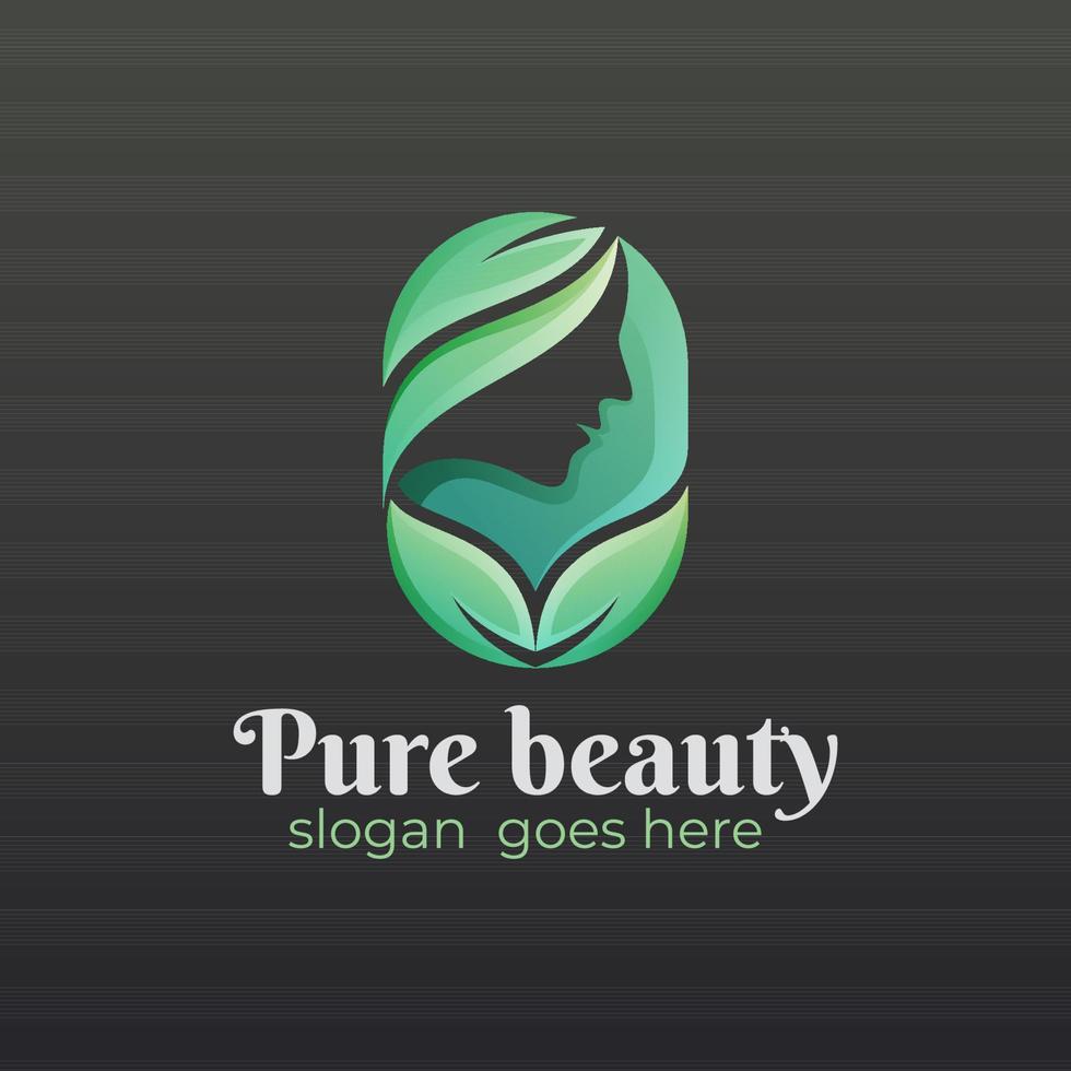 logotipo de cara y hoja de mujer elegante para belleza pura verde, cosméticos, cuidado de la piel, diseño de logotipo de salón de belleza natural vector