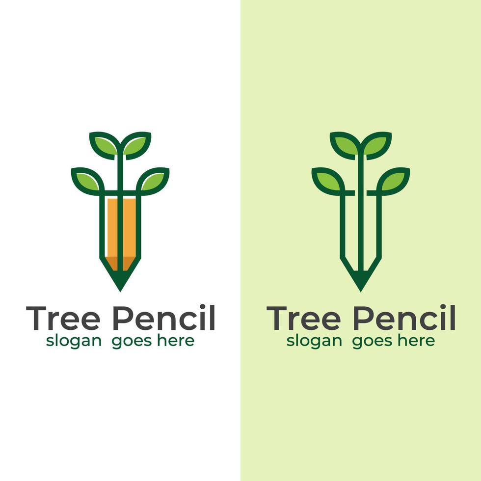 el árbol de línea combina el logotipo creativo del lápiz, el símbolo del icono de la pluma del árbol para la educación. vector