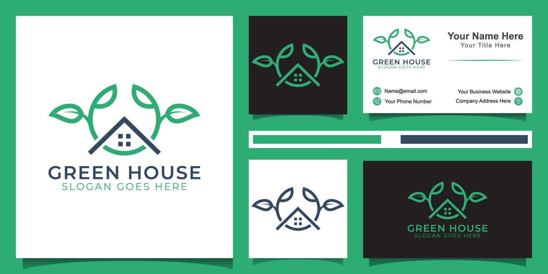 line art style logo of green house, nature building logo icon illustration with business card vector