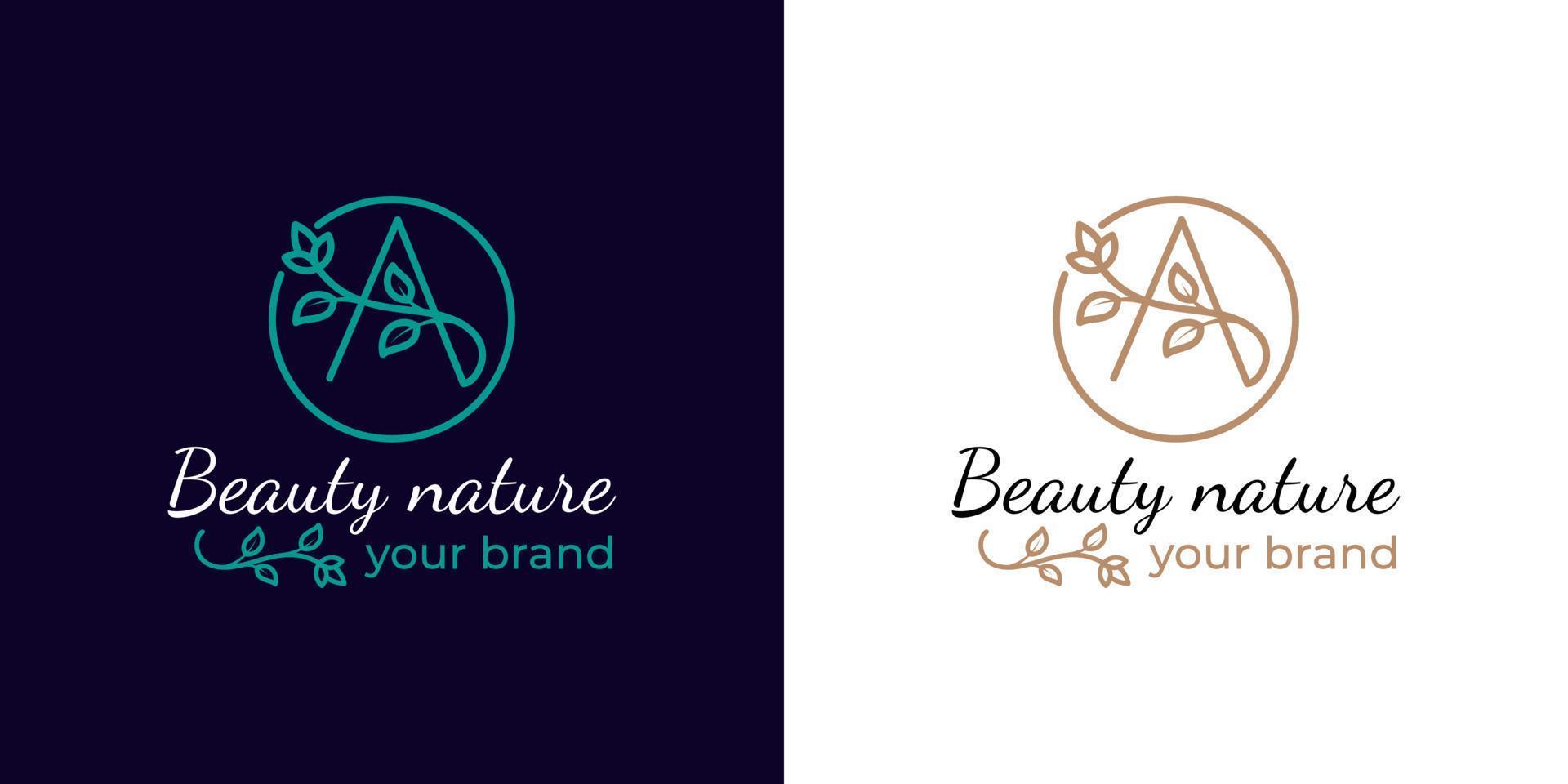 nature logos of initial letter A with flower or floral line art style symbol icon design vector