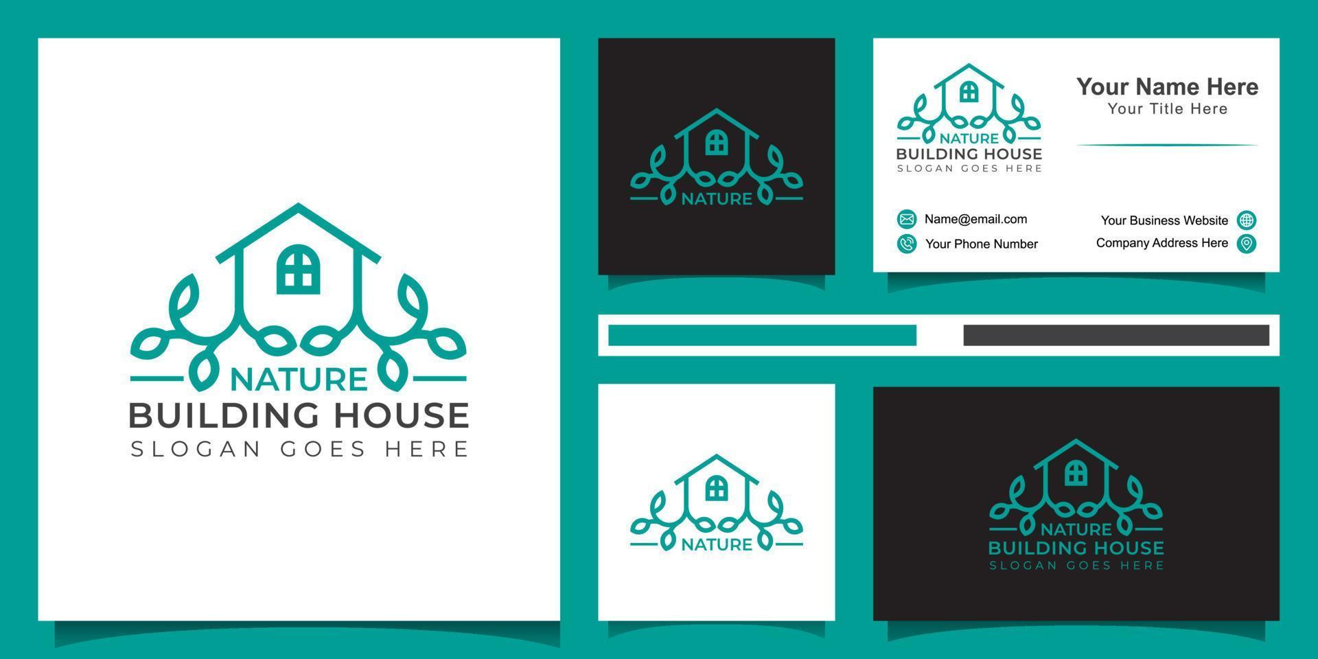 line art style logo of green house, nature building logo icon illustration with business card vector