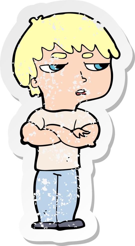 retro distressed sticker of a cartoon annoyed boy vector