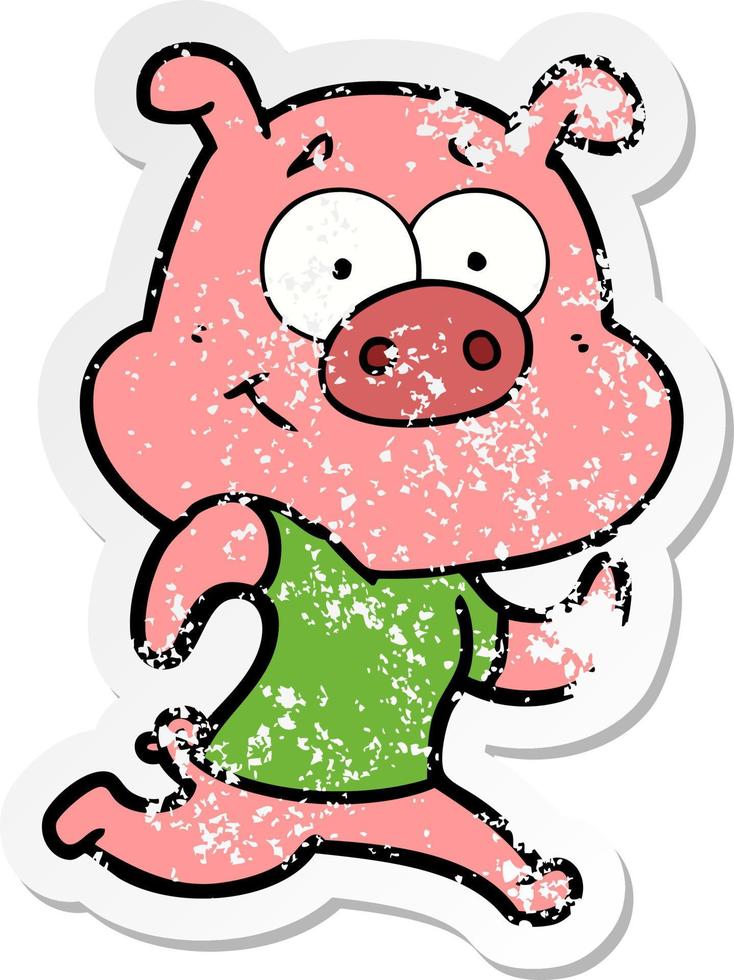 distressed sticker of a happy cartoon pig running vector