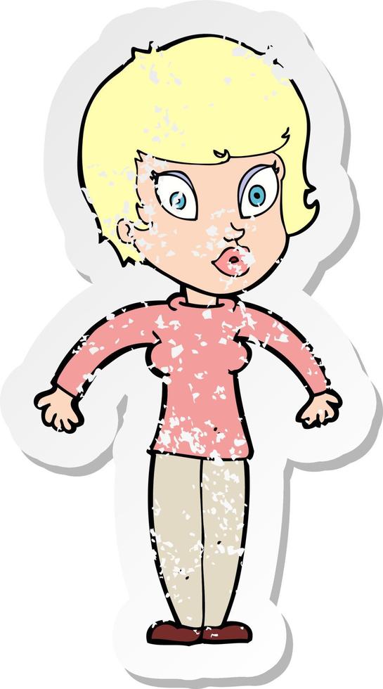 retro distressed sticker of a cartoon woman shrugging shoulders vector