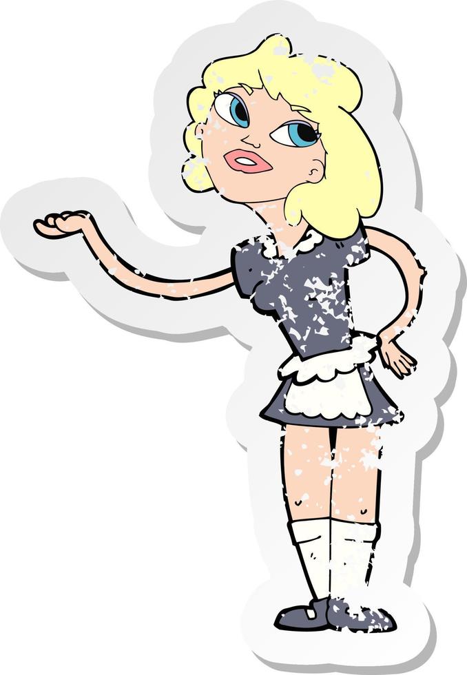 retro distressed sticker of a cartoon waitress serving vector