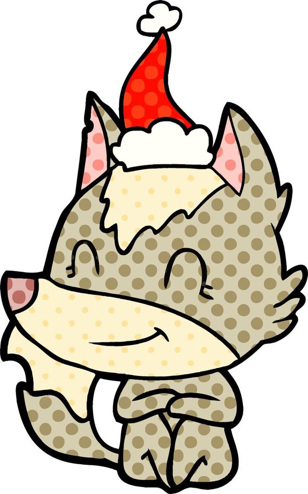 friendly comic book style illustration of a wolf wearing santa hat vector