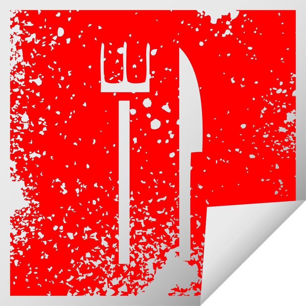 distressed square peeling sticker symbol knife and fork vector
