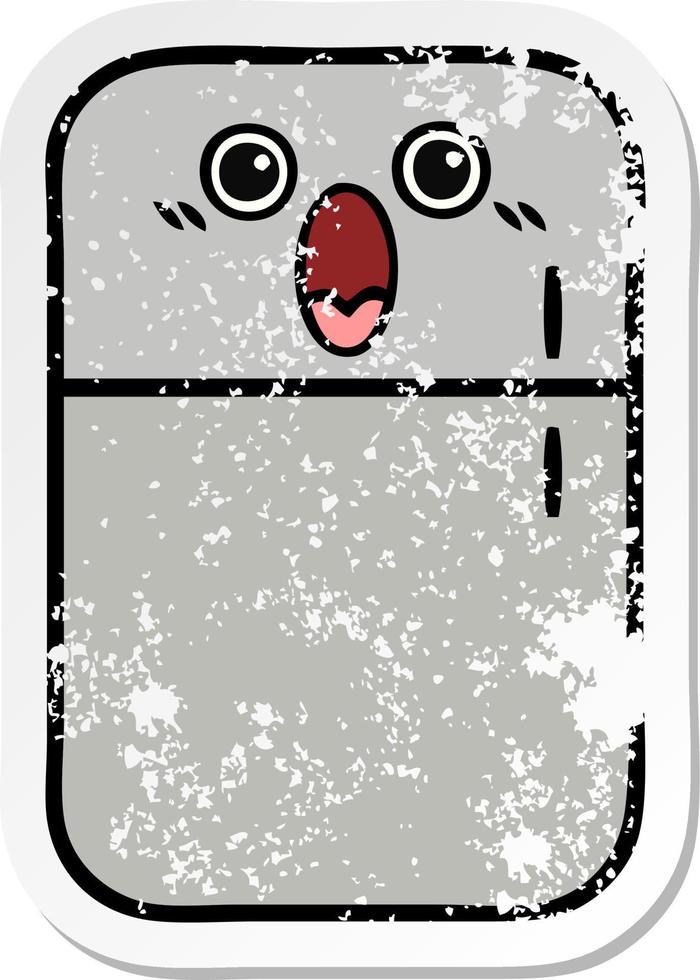 distressed sticker of a cute cartoon fridge freezer vector