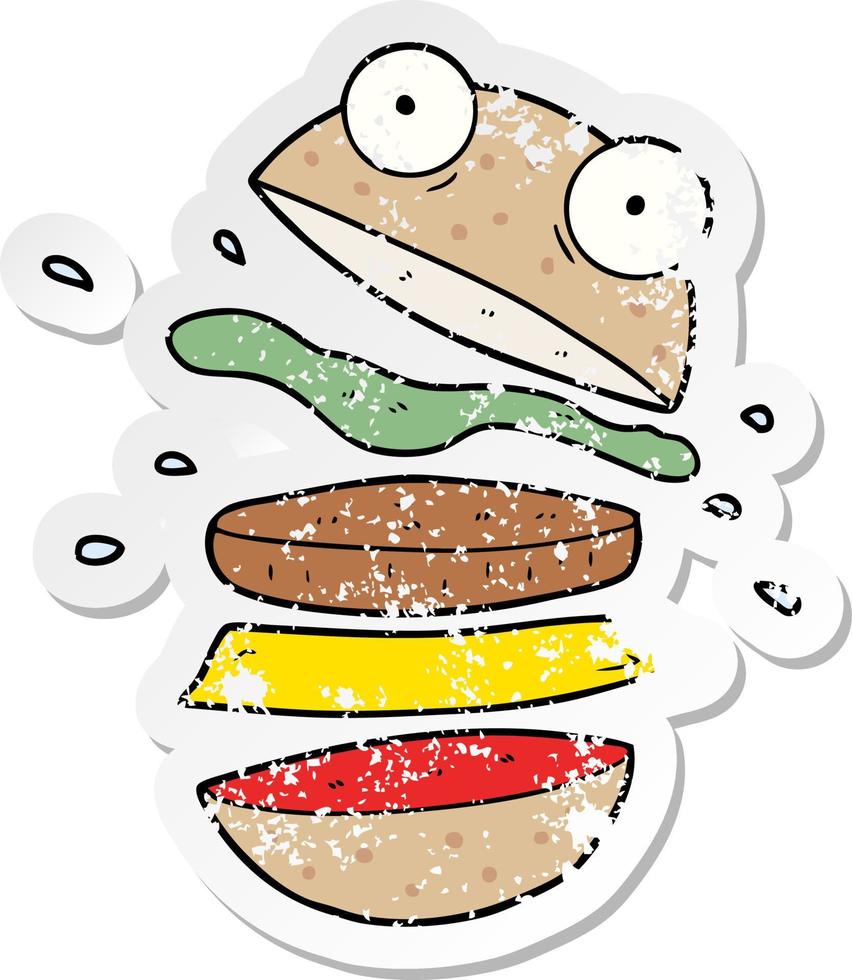 distressed sticker of a cartoon amazing burger vector