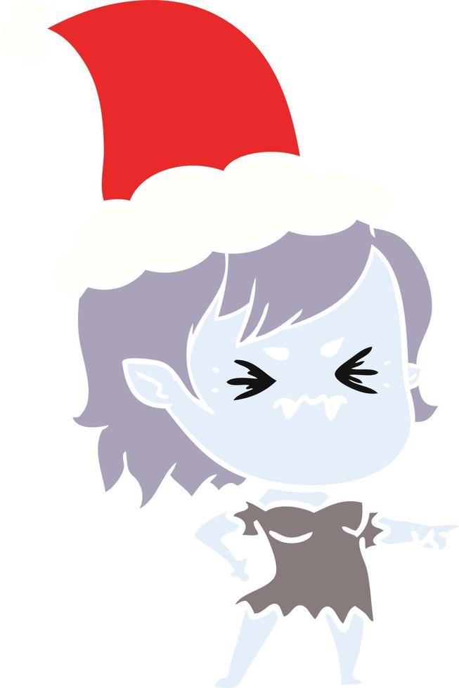 annoyed flat color illustration of a vampire girl wearing santa hat vector