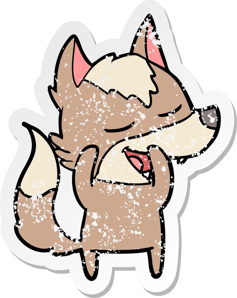 distressed sticker of a cartoon wolf laughing vector