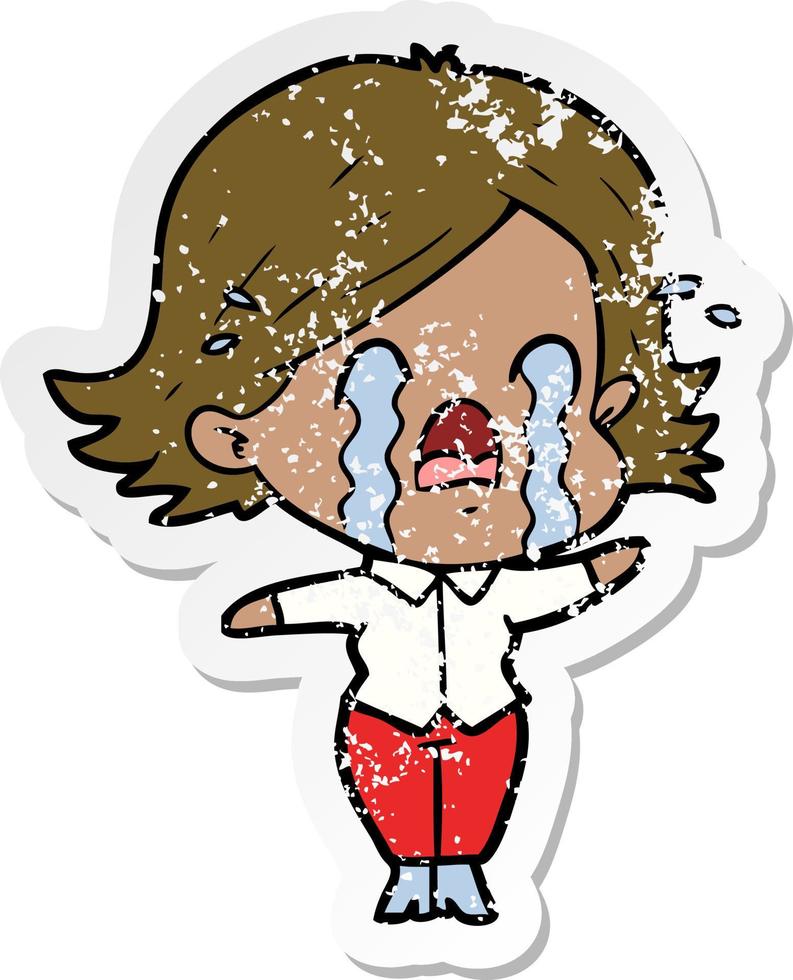 distressed sticker of a cartoon woman crying vector