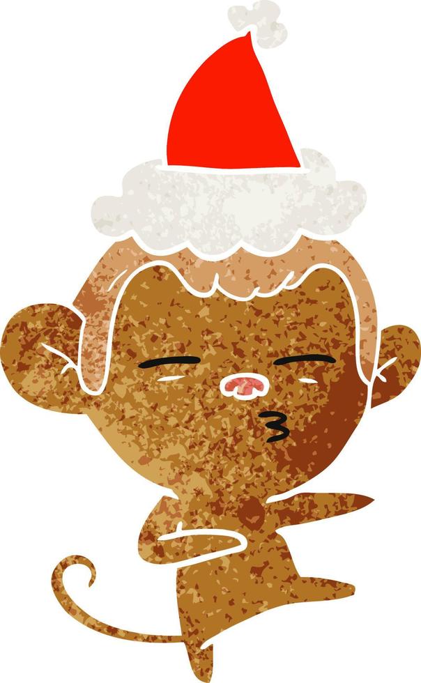 retro cartoon of a suspicious monkey wearing santa hat vector