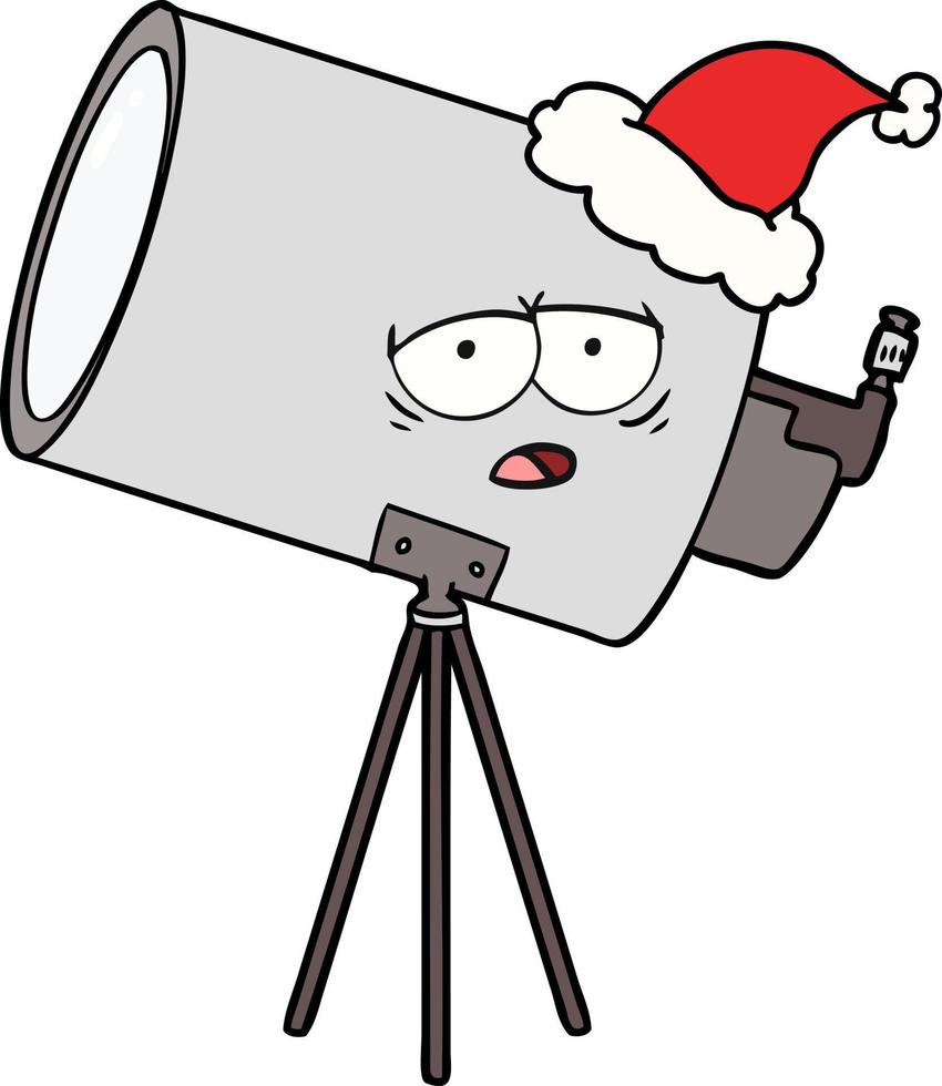 line drawing of a bored telescope with face wearing santa hat vector