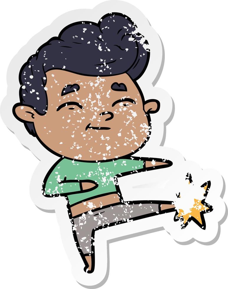 distressed sticker of a happy cartoon man kicking vector