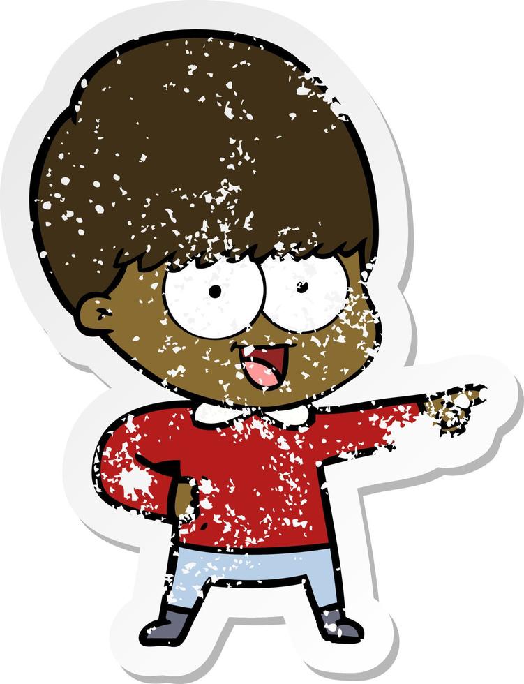 distressed sticker of a happy cartoon boy pointing vector