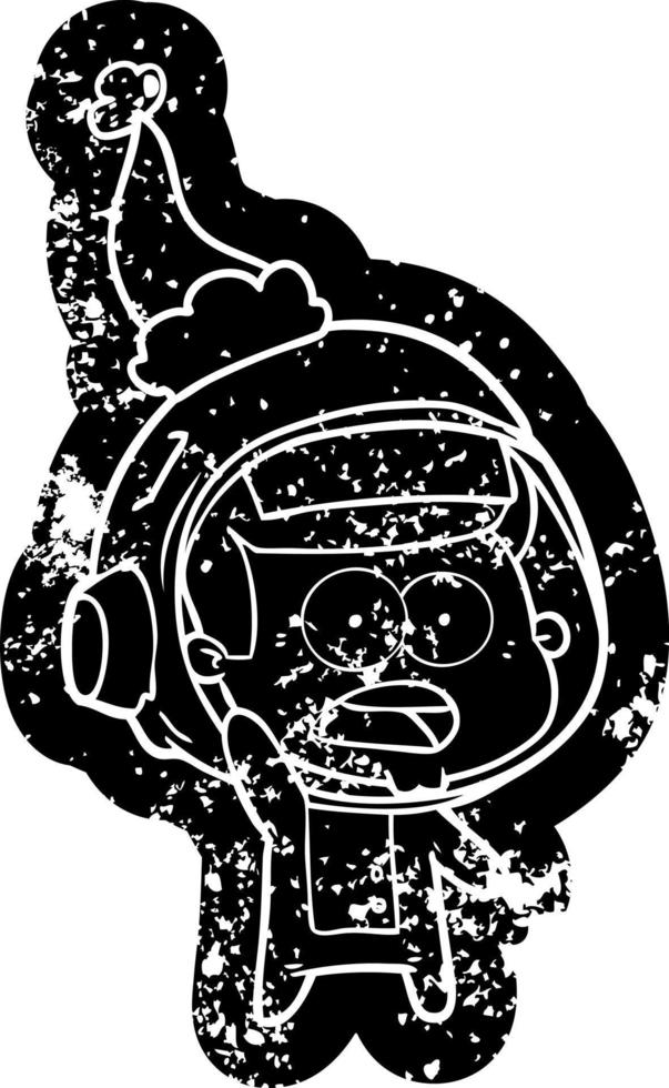 cartoon distressed icon of a surprised astronaut wearing santa hat vector