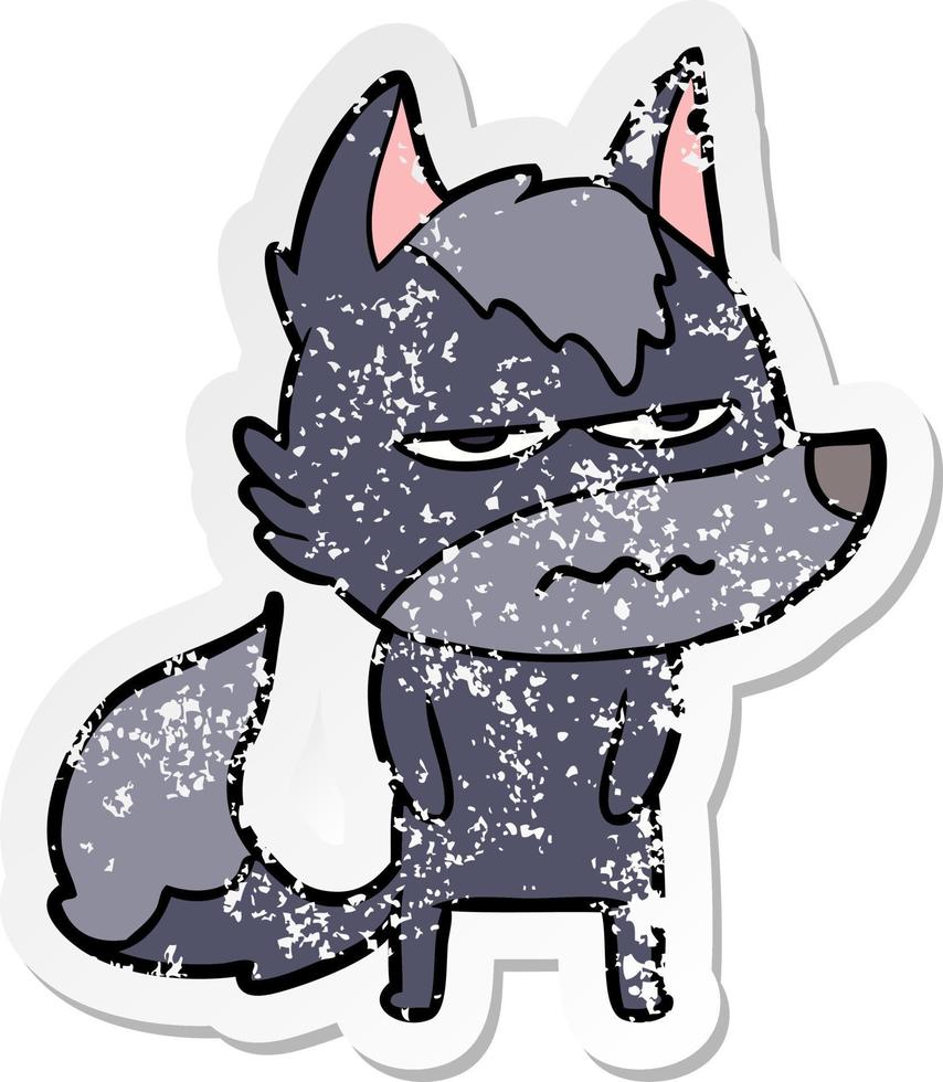 distressed sticker of a cartoon annoyed wolf vector