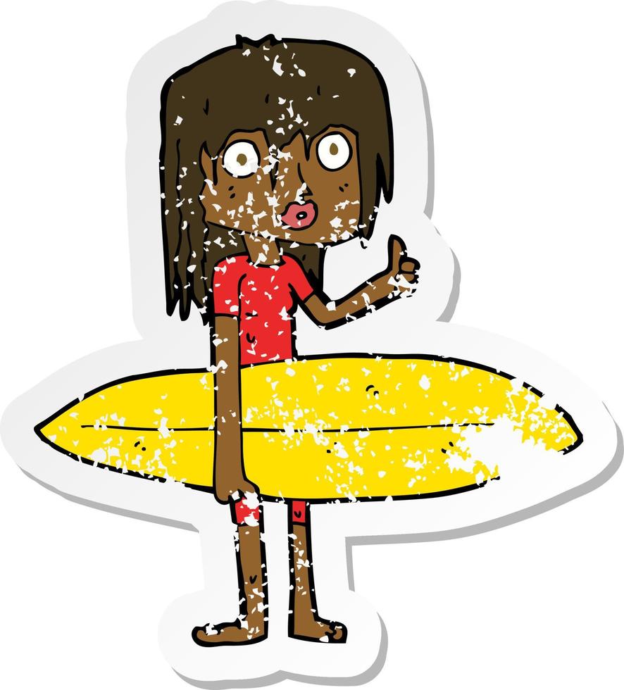 retro distressed sticker of a cartoon surfer girl vector