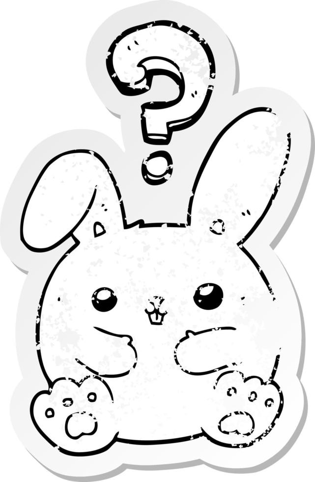 distressed sticker of a cartoon rabbit with question mark vector