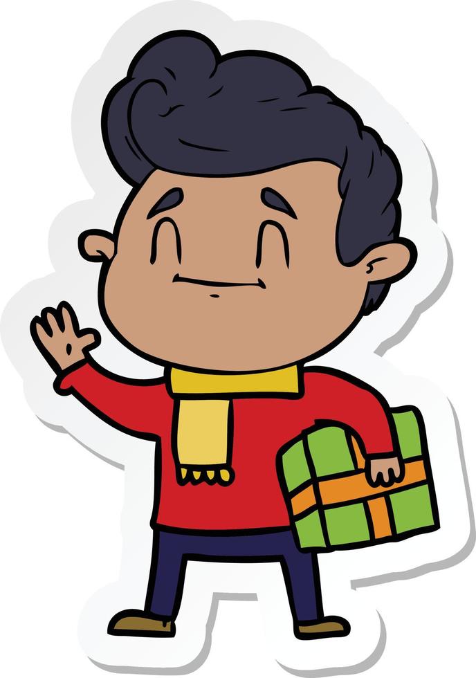 sticker of a happy cartoon man with gift vector