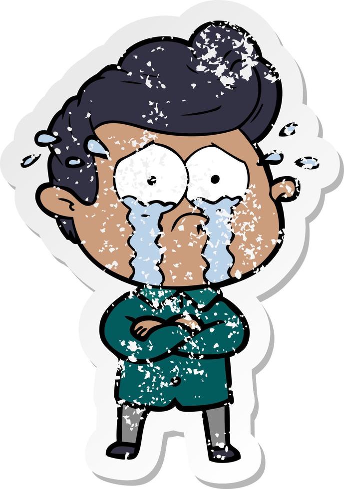 distressed sticker of a cartoon crying man with crossed arms vector
