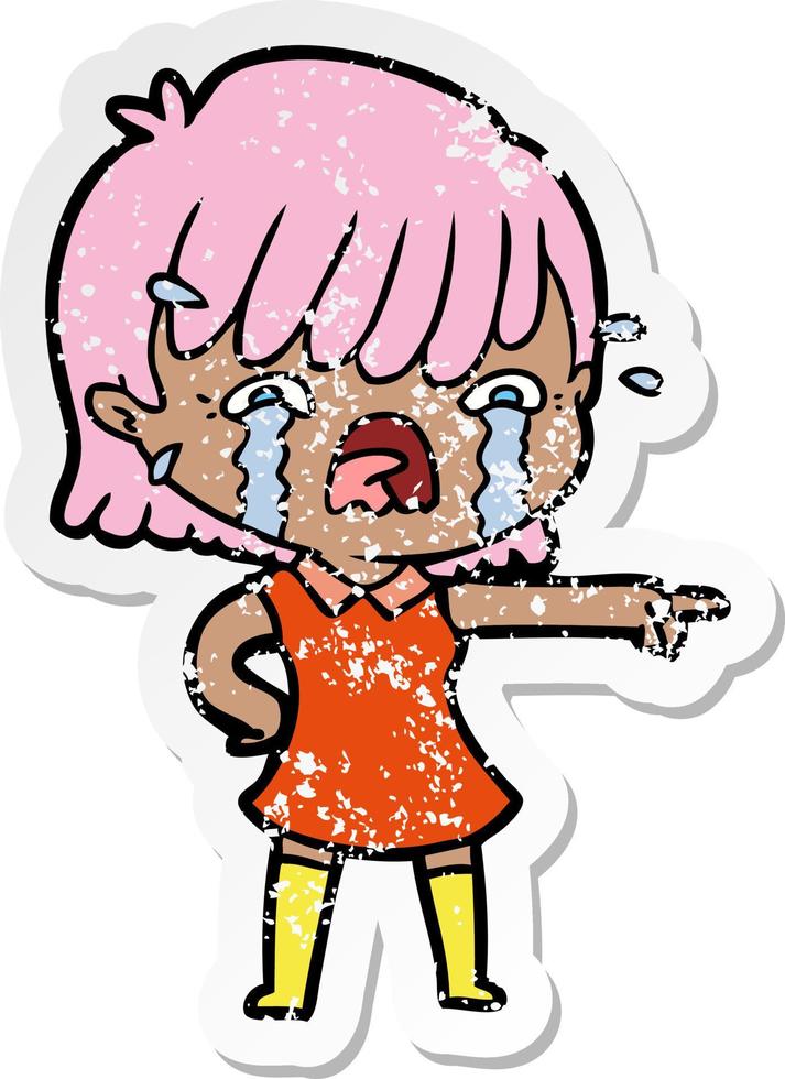 distressed sticker of a cartoon girl crying vector