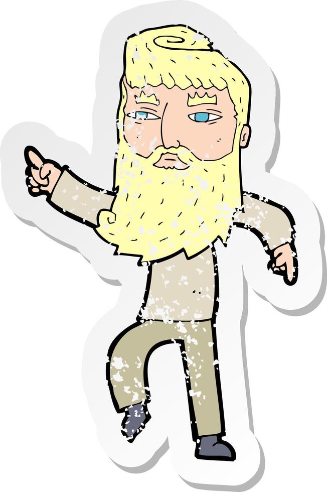 retro distressed sticker of a cartoon bearded man pointing the way vector