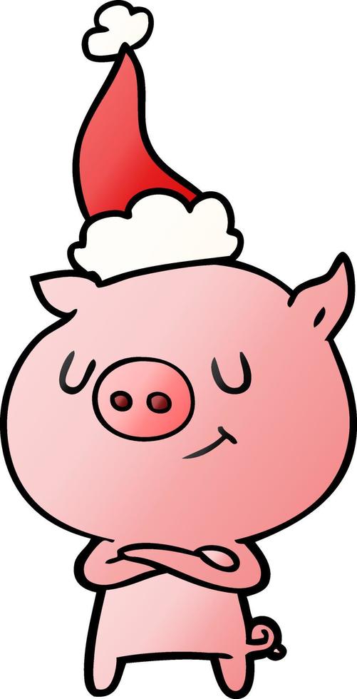 happy gradient cartoon of a pig wearing santa hat vector