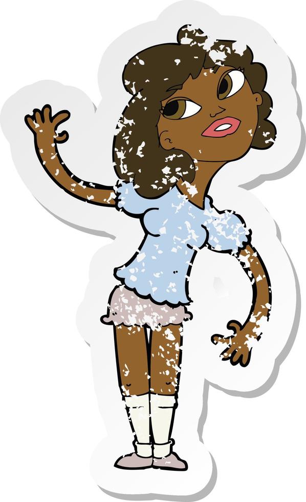 retro distressed sticker of a cartoon woman waving vector