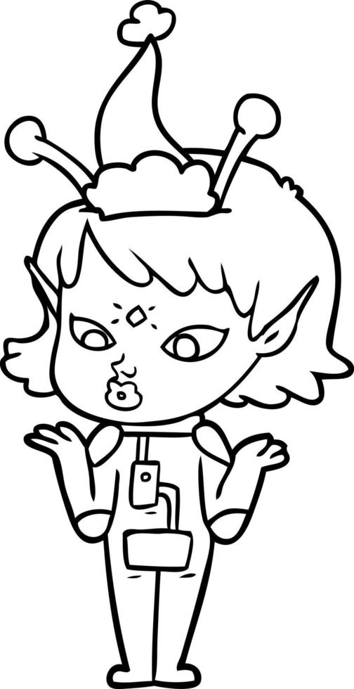 pretty line drawing of a alien girl wearing santa hat vector