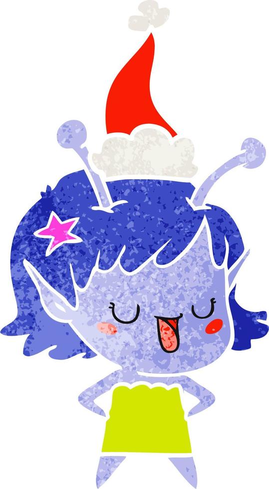 happy alien girl retro cartoon of a wearing santa hat vector