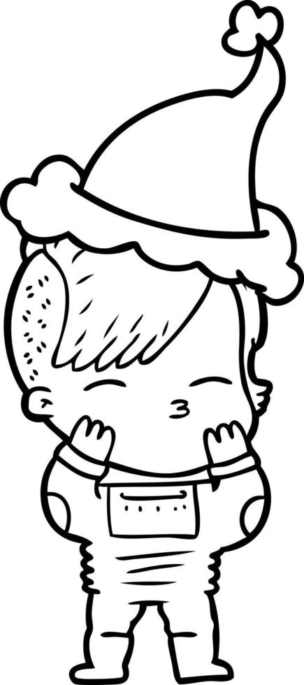 line drawing of a girl wearing futuristic clothes wearing santa hat vector