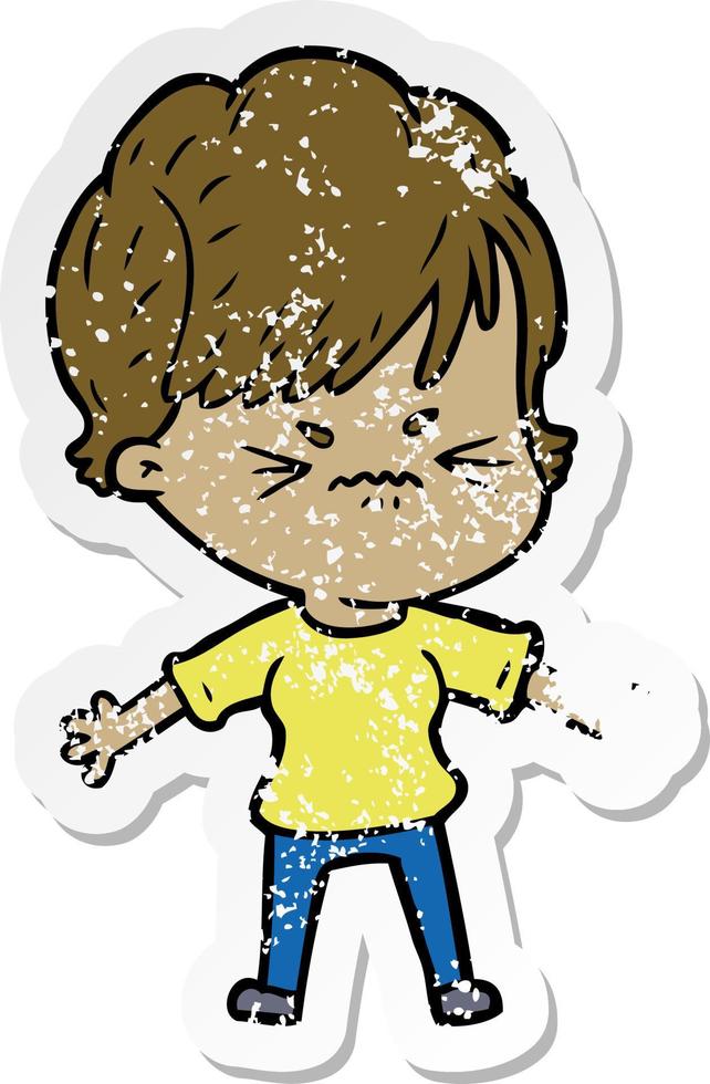 distressed sticker of a cartoon frustrated woman vector