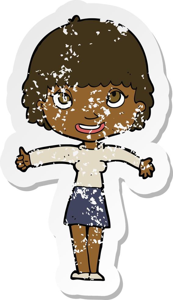 retro distressed sticker of a cartoon happy girl vector
