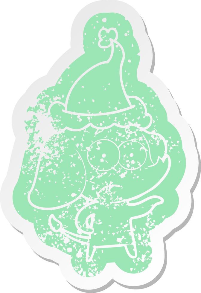 cartoon distressed sticker of a unsure elephant wearing santa hat vector