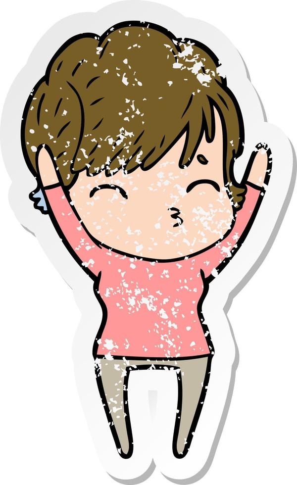 distressed sticker of a cartoon woman thinking vector