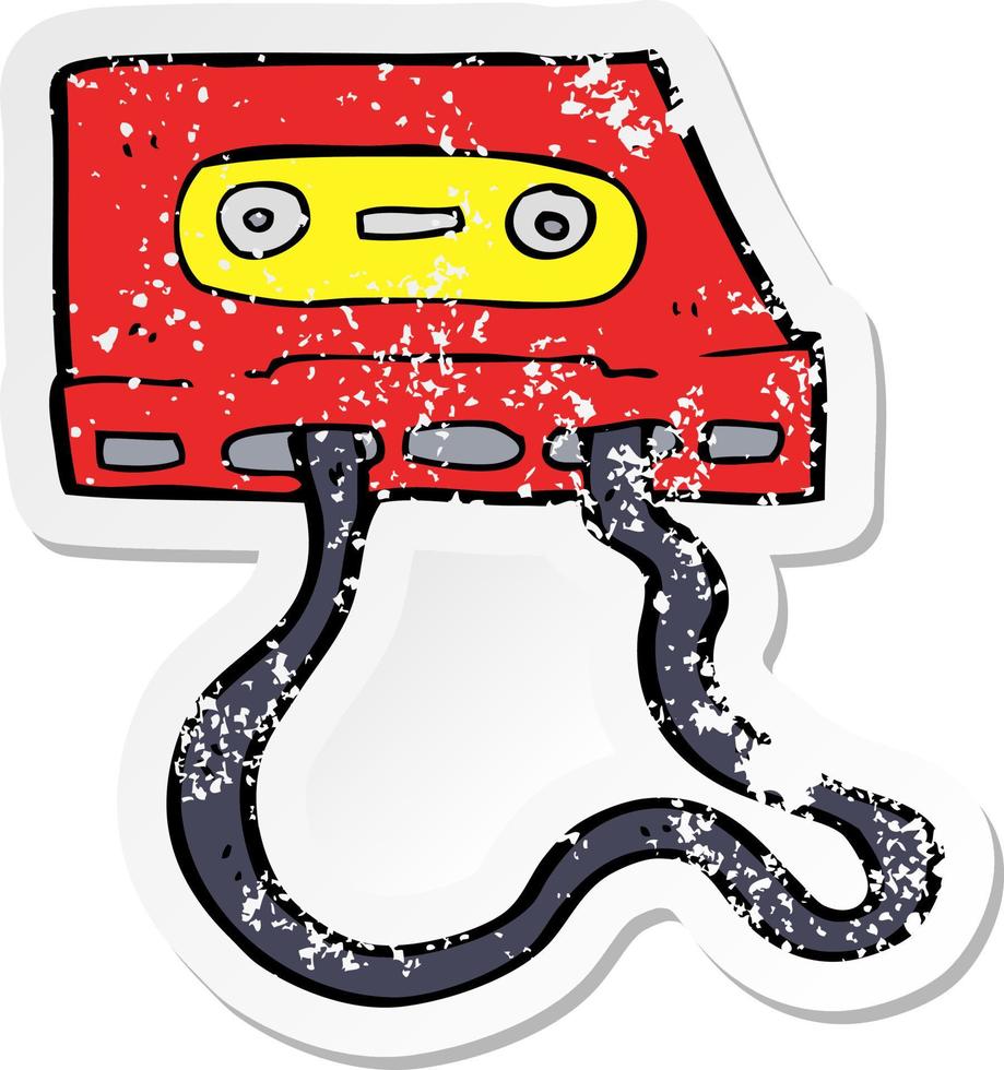 retro distressed sticker of a cartoon cassette tape vector