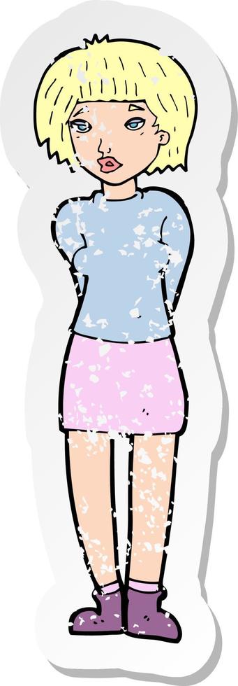 retro distressed sticker of a cartoon shy woman vector