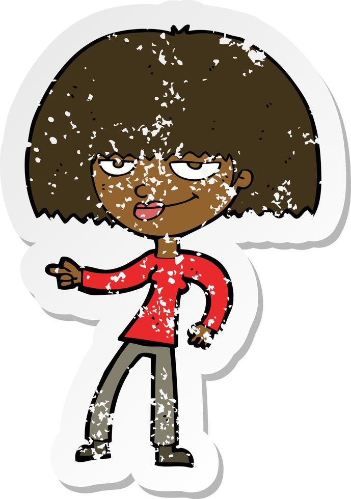 retro distressed sticker of a cartoon happy woman pointing vector