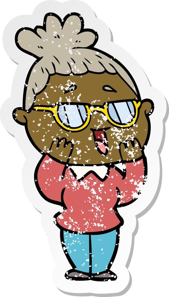 distressed sticker of a cartoon happy woman wearing spectacles vector