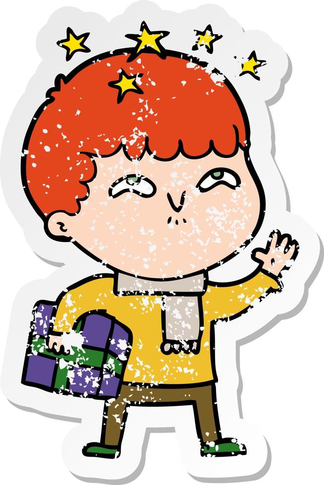 distressed sticker of a cartoon amazed boy vector