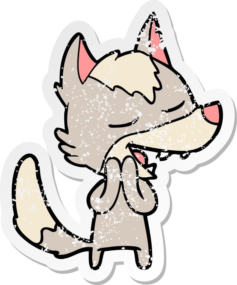 distressed sticker of a cartoon wolf laughing vector