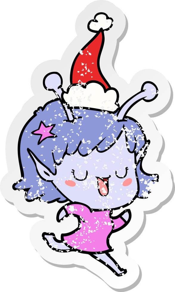 happy alien girl distressed sticker cartoon of a wearing santa hat vector