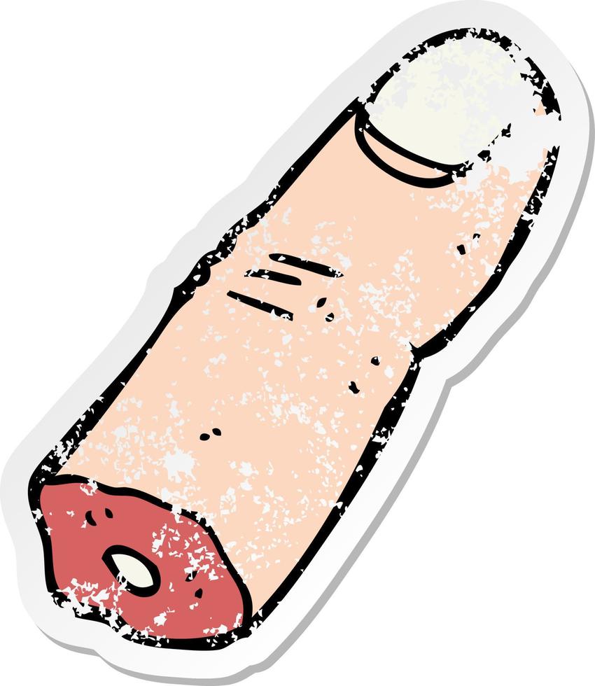 distressed sticker of a cartoon severed finger vector