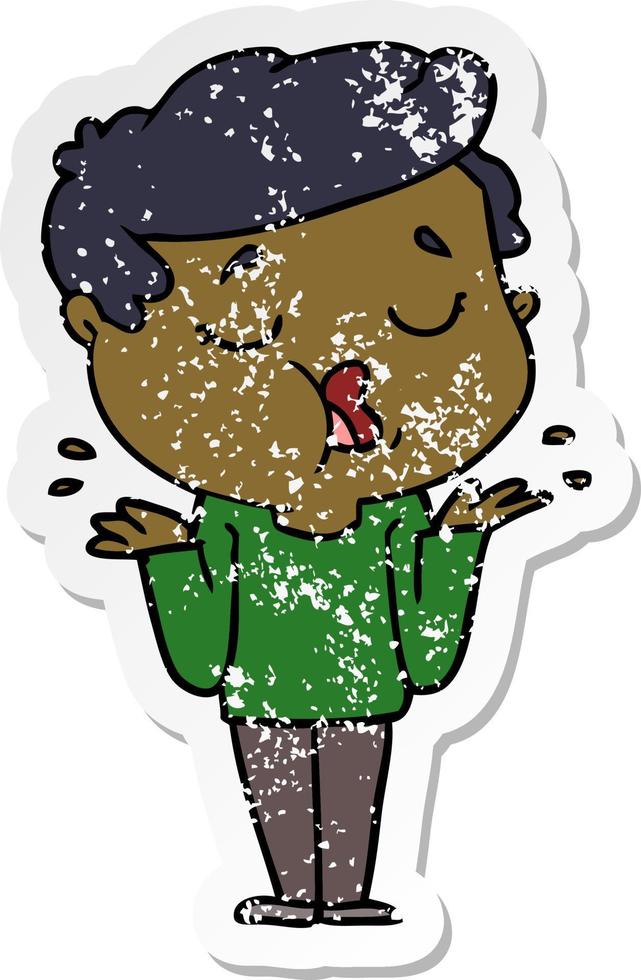 distressed sticker of a cartoon man talking and shrugging shoulders vector