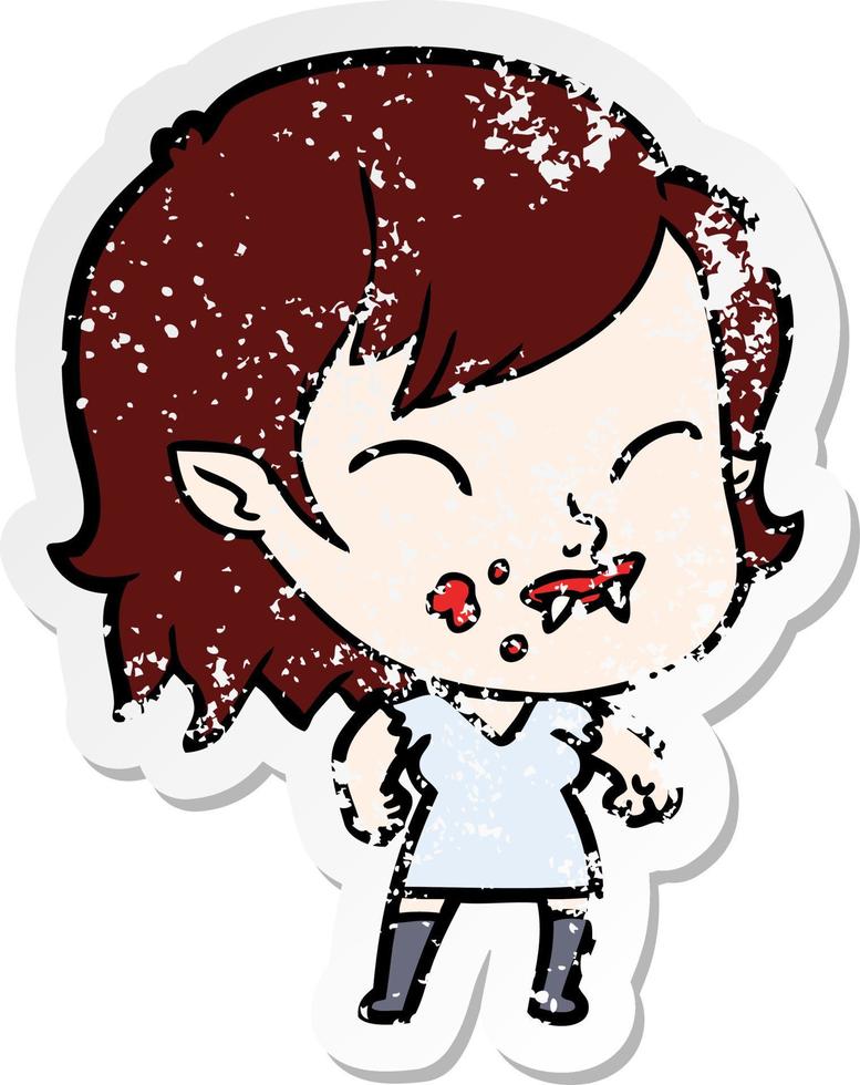 distressed sticker of a cartoon vampire girl with blood on cheek vector