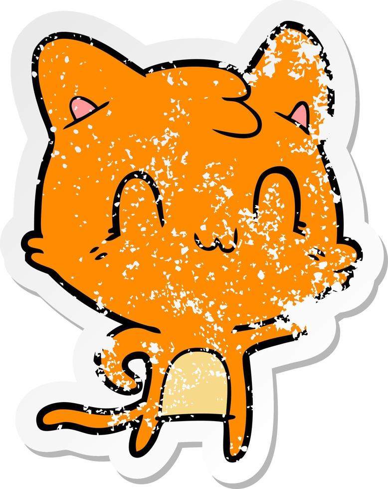 distressed sticker of a cartoon happy cat pointing vector