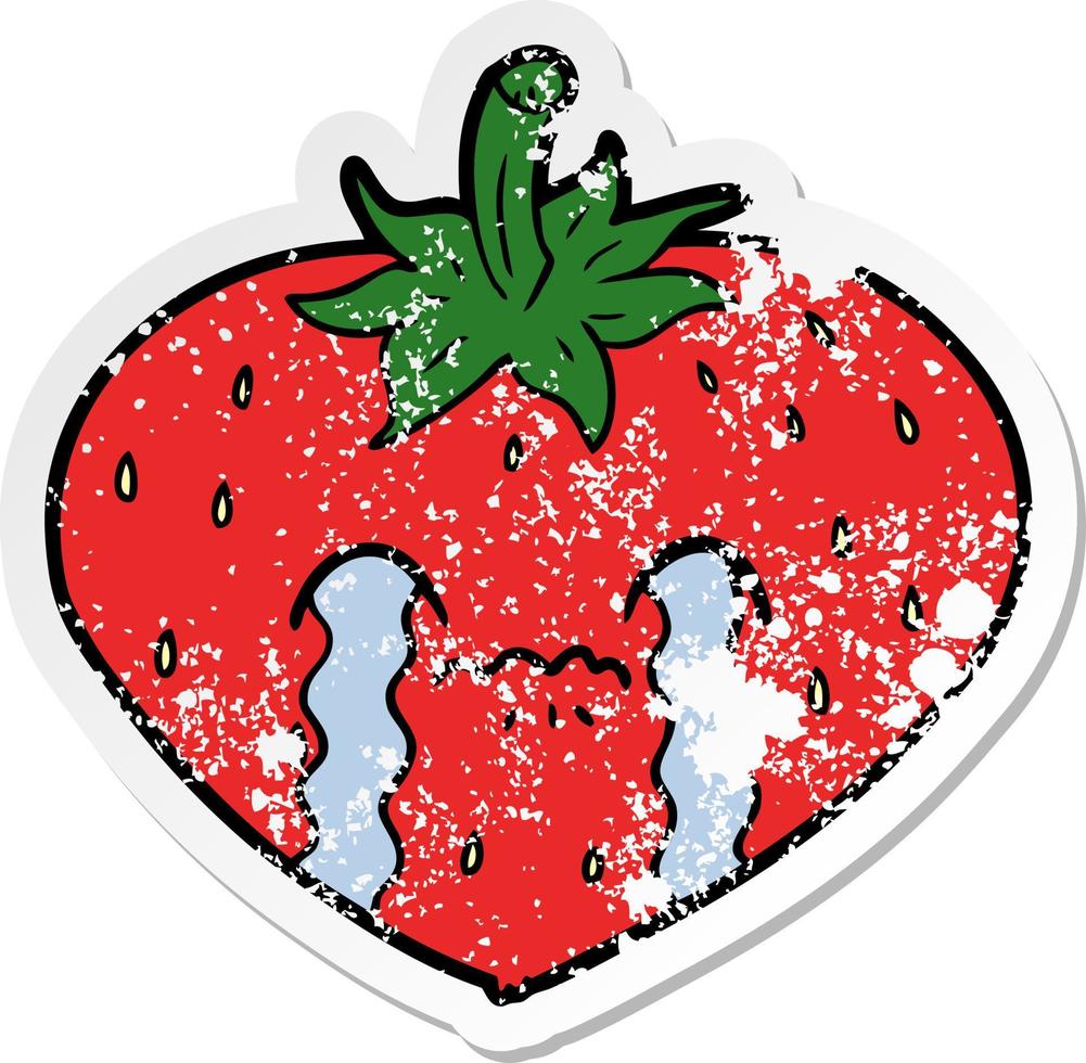 distressed sticker of a cartoon strawberry vector
