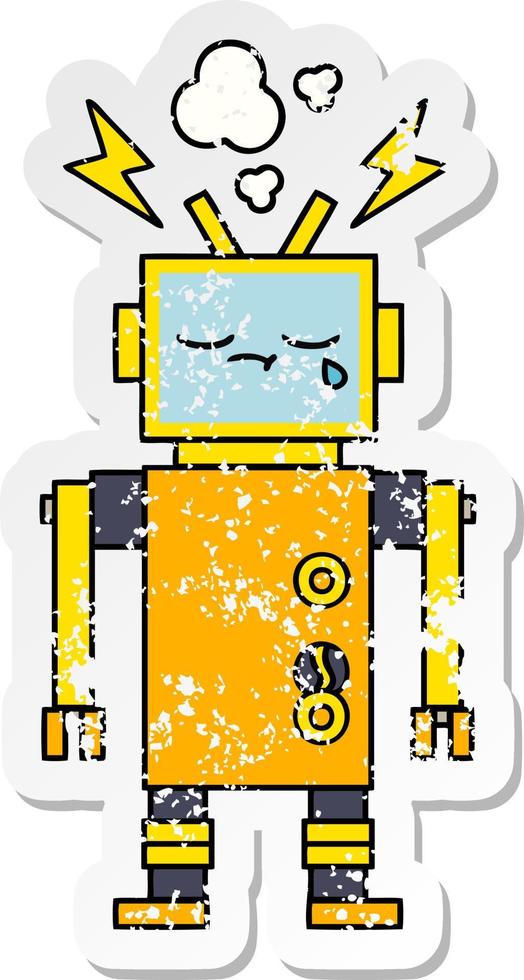 distressed sticker of a cute cartoon malfunctioning robot vector